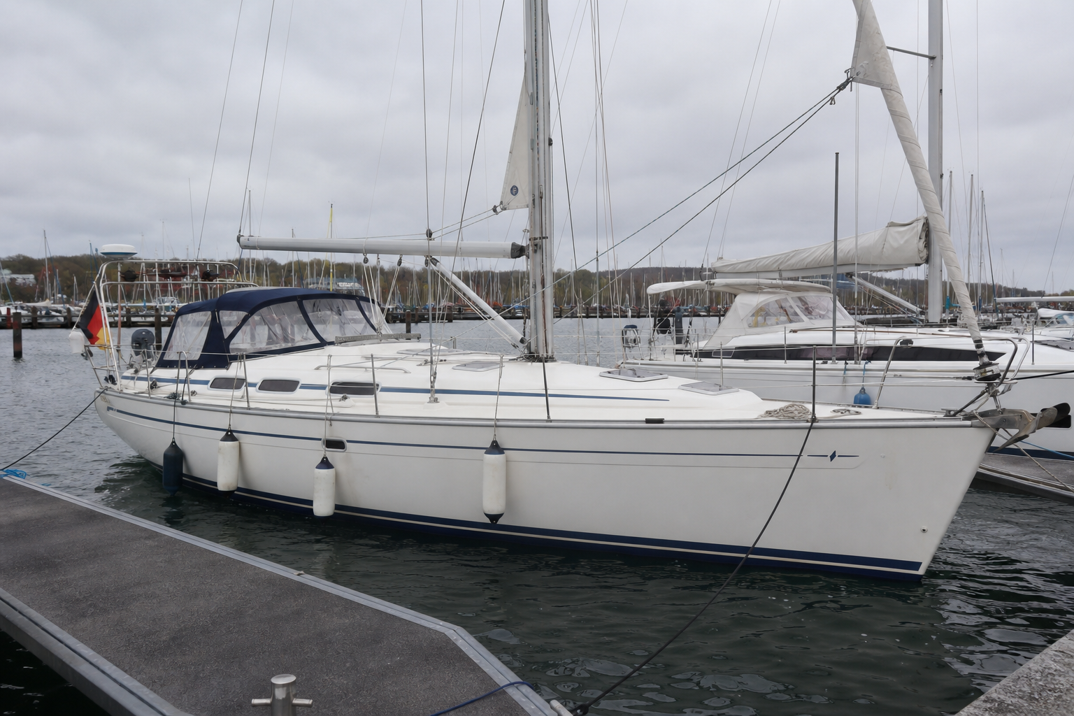 AI-generated illustration of a sailing yacht at a marina